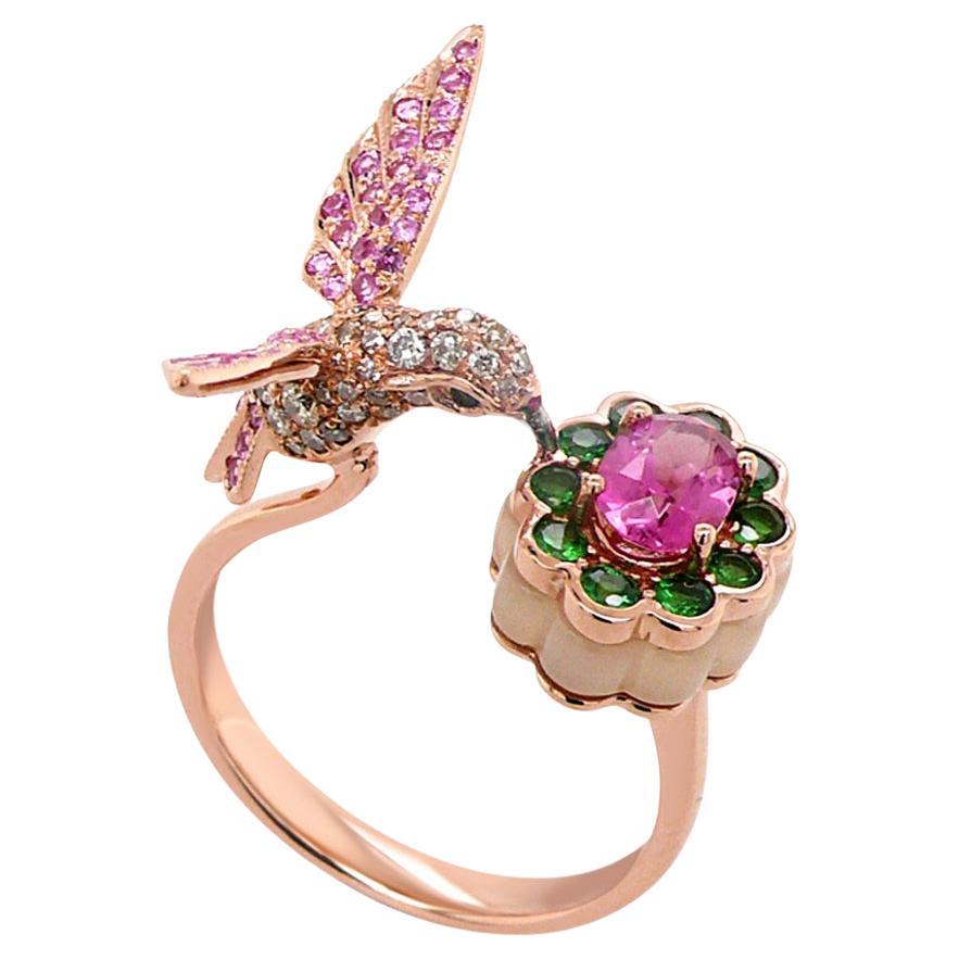 Pink Saphir & Turmalin Diamant Pave Hummingbird 18K Rose Gold Ring im Angebot