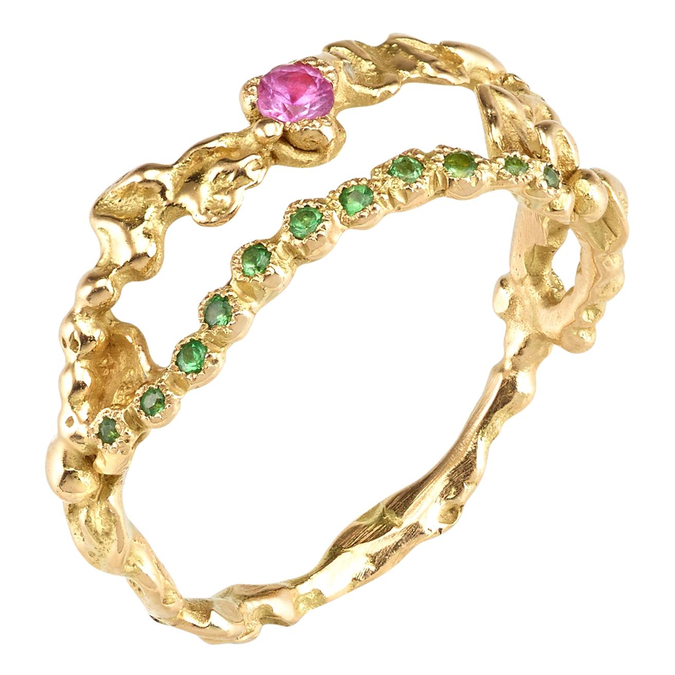 18 Karat Yellow Gold Pink Sapphire and Tsavorite Ring For Sale