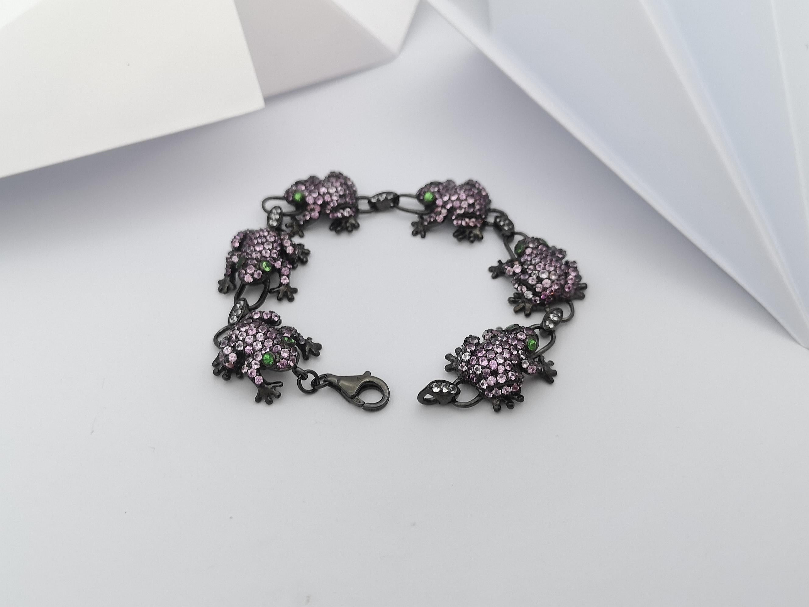 Pink Sapphire, Tsavorite and White Sapphire Frog Bracelet set in Silver Settings For Sale 3