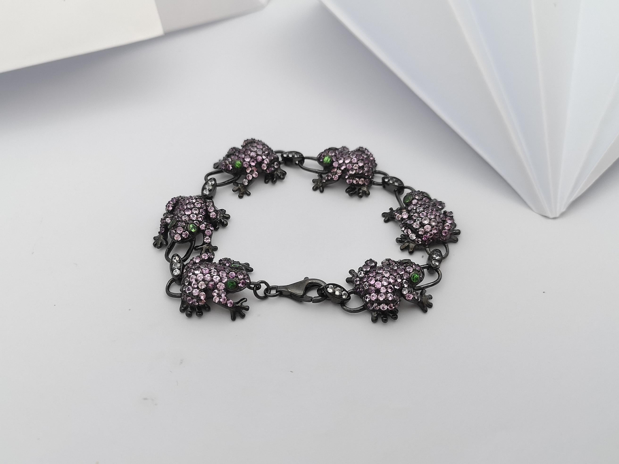 Pink Sapphire, Tsavorite and White Sapphire Frog Bracelet set in Silver Settings For Sale 4