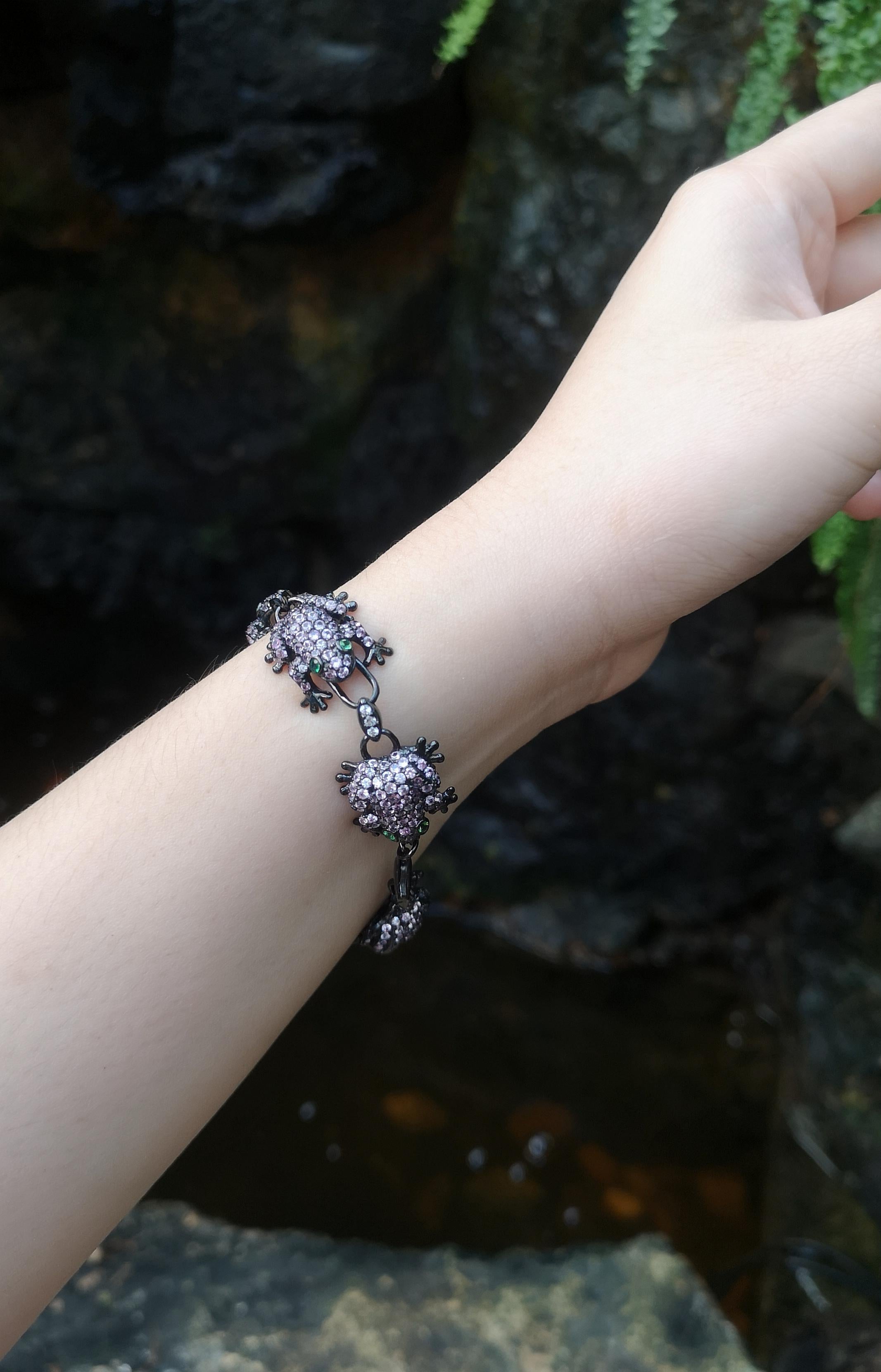Pink Sapphire, Tsavorite and White Sapphire Frog Bracelet set in Silver Settings For Sale 5