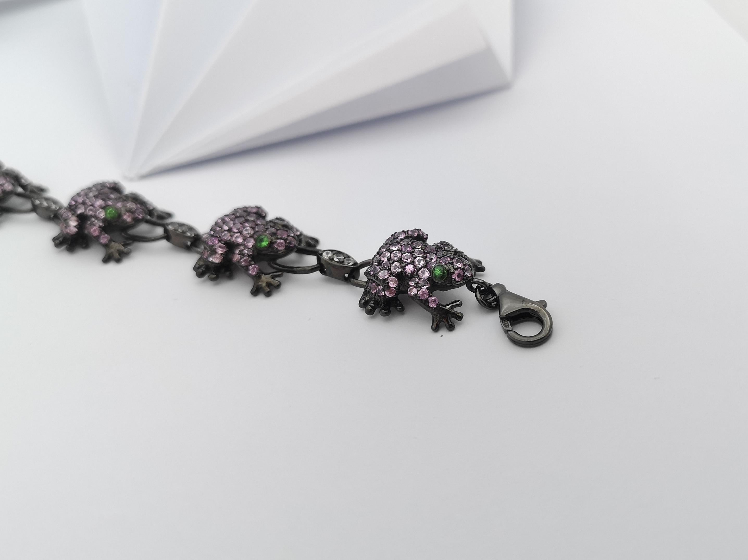 Women's Pink Sapphire, Tsavorite and White Sapphire Frog Bracelet set in Silver Settings For Sale