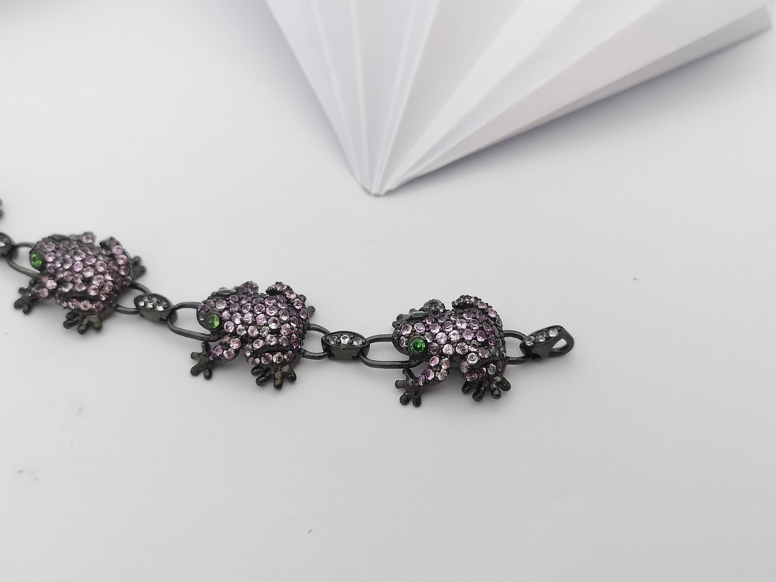 Pink Sapphire, Tsavorite and White Sapphire Frog Bracelet set in Silver Settings For Sale 1