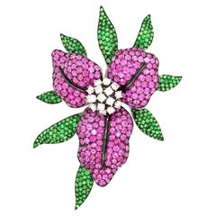 Pink Sapphire, Tsavorite & Diamonds En Tremblant Lily Flower Brooch 18kt White