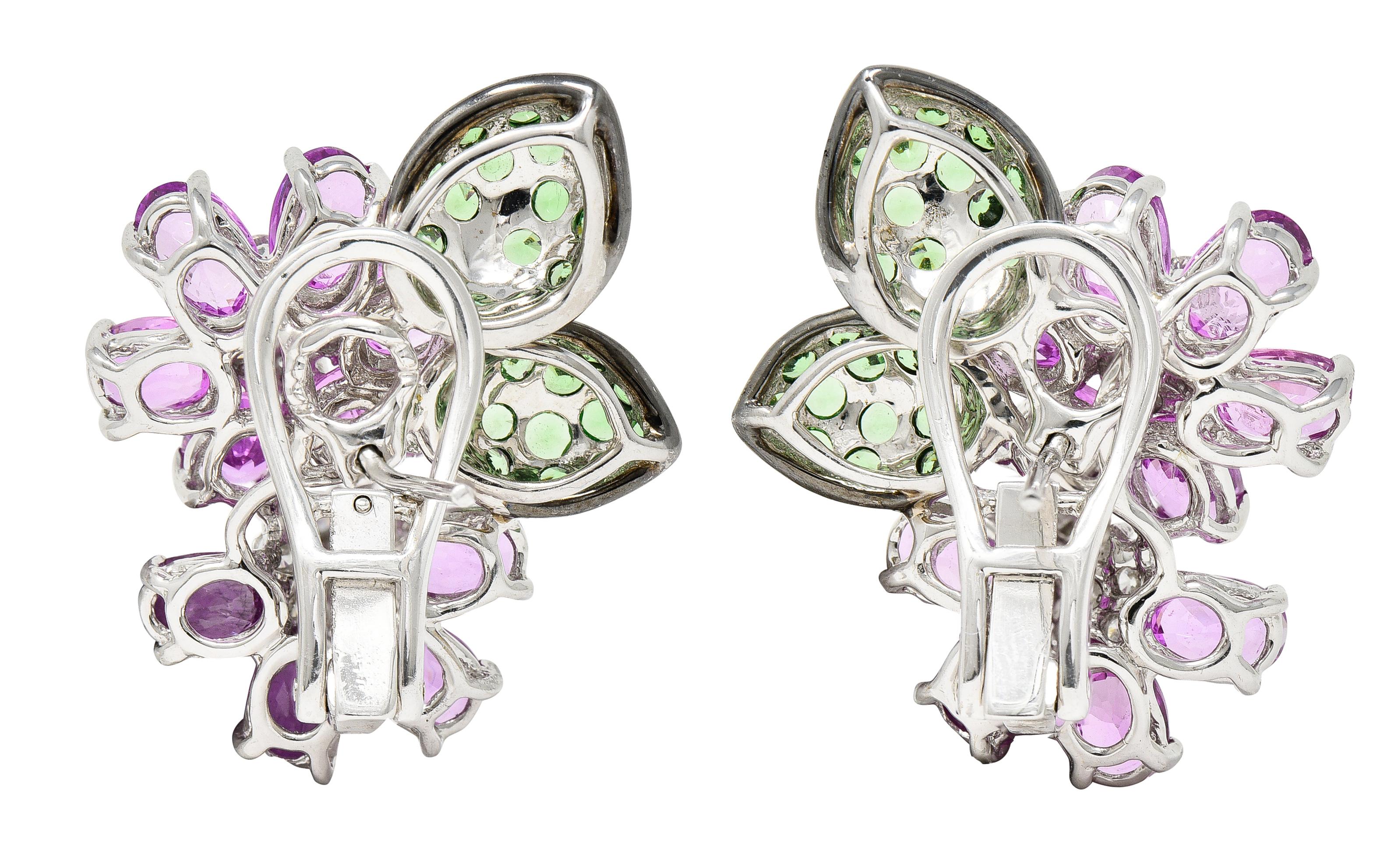 Contemporary Pink Sapphire Tsavorite Garnet Diamond 18 Karat White Gold Flower Earrings