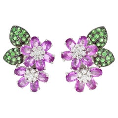 Pink Sapphire Tsavorite Garnet Diamond 18 Karat White Gold Flower Earrings