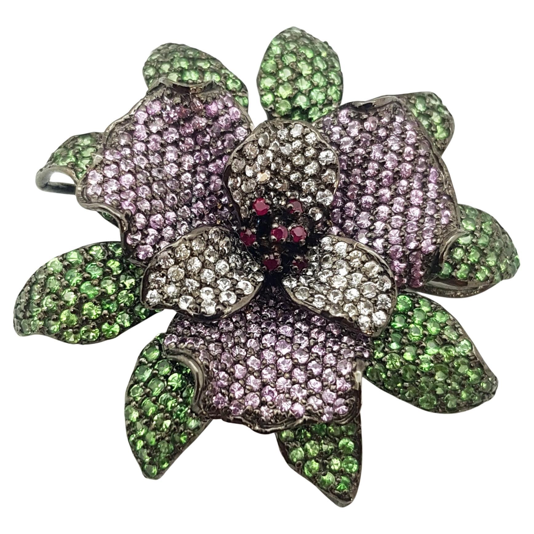 Pink Sapphire, Tsavorite, White Sapphire and Ruby Pendant/Brooch set in Silver  For Sale