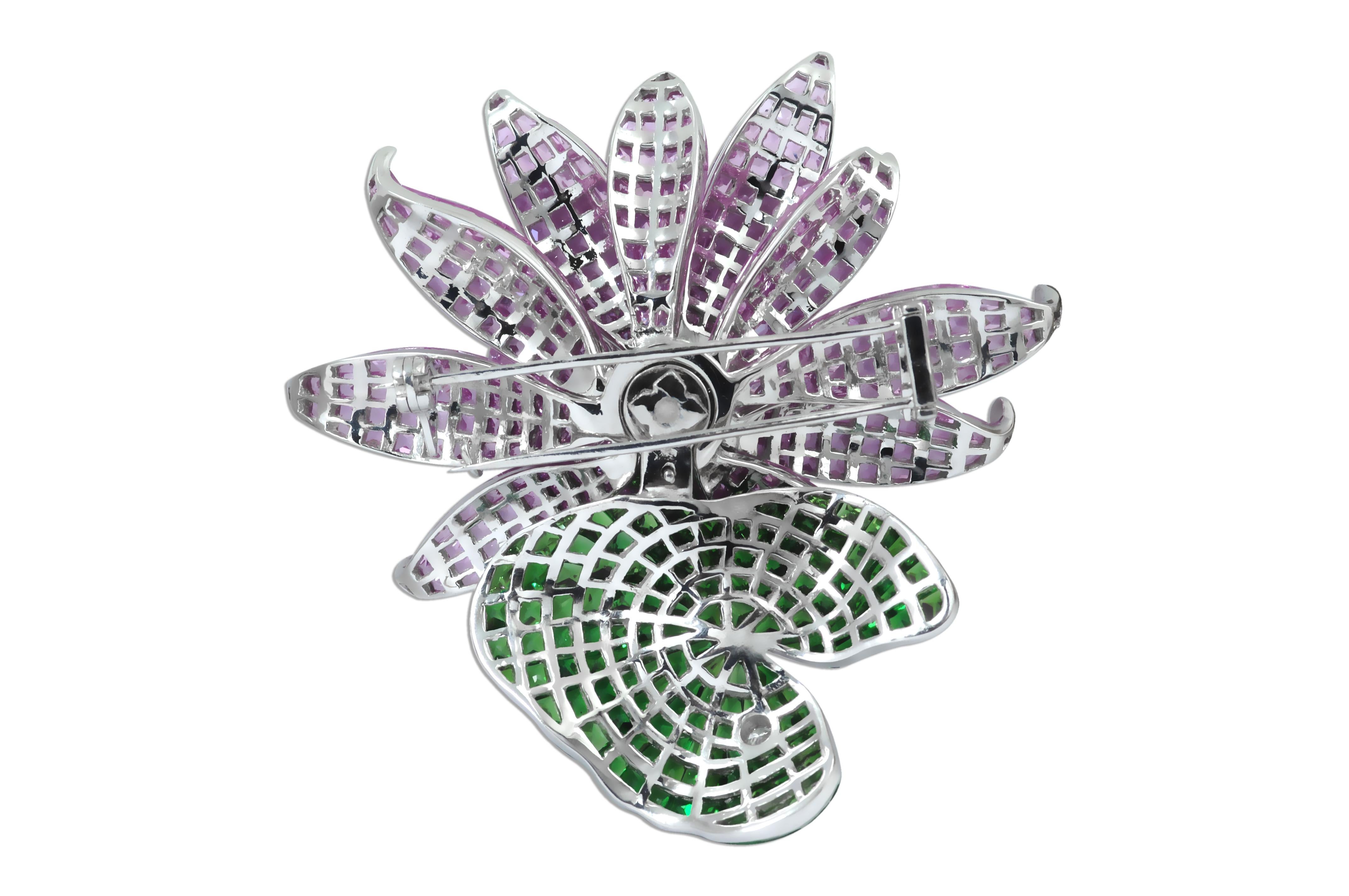 Pink Sapphire, Tsavorite with Diamond Floral Lotus Brooch 18 Karat White Gold 6