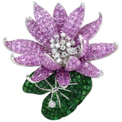 Pink Sapphire, Tsavorite with Diamond Floral Lotus Brooch 18 Karat White Gold