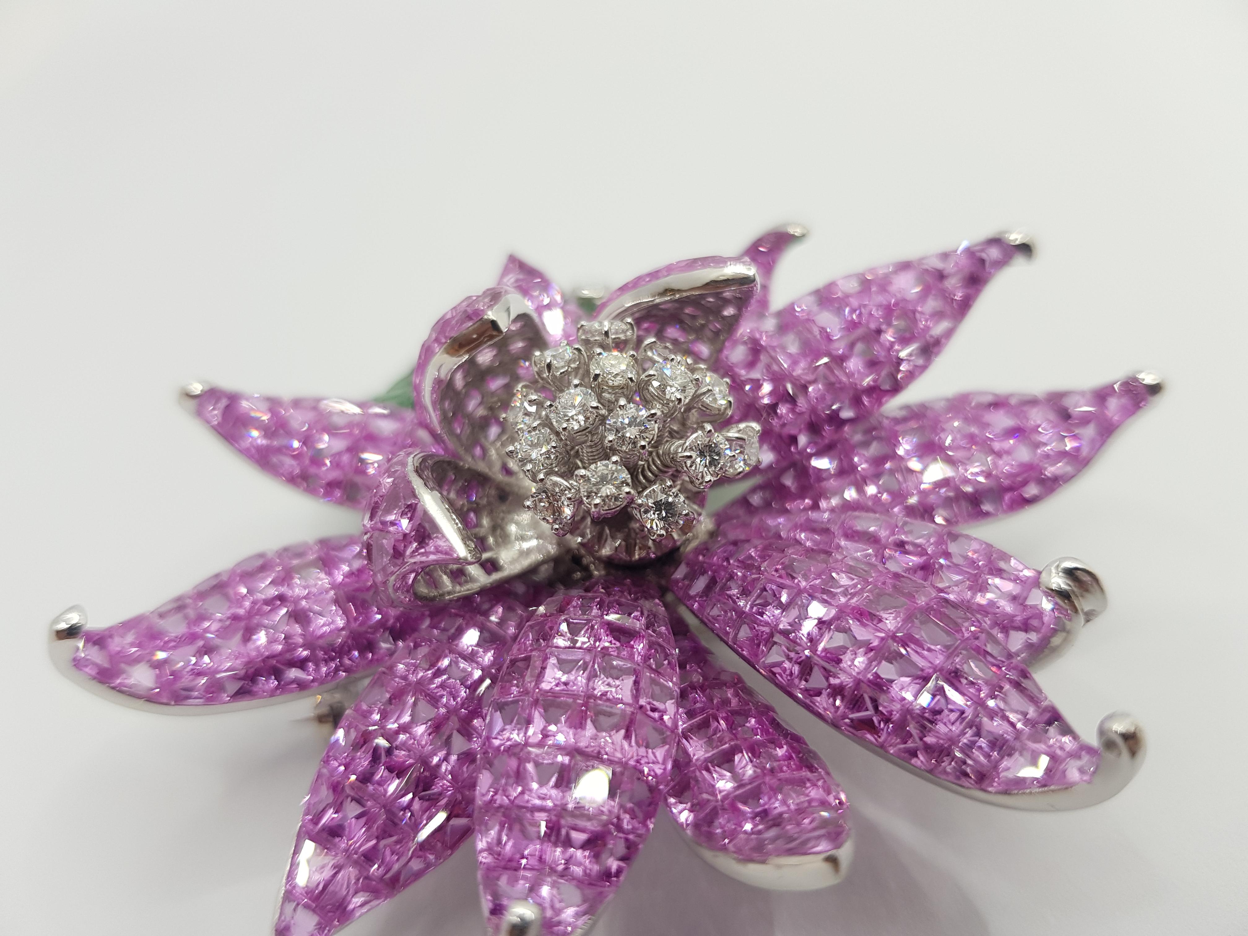 Pink Sapphire, Tsavorite with Diamond Floral Lotus Brooch 18 Karat White Gold 3