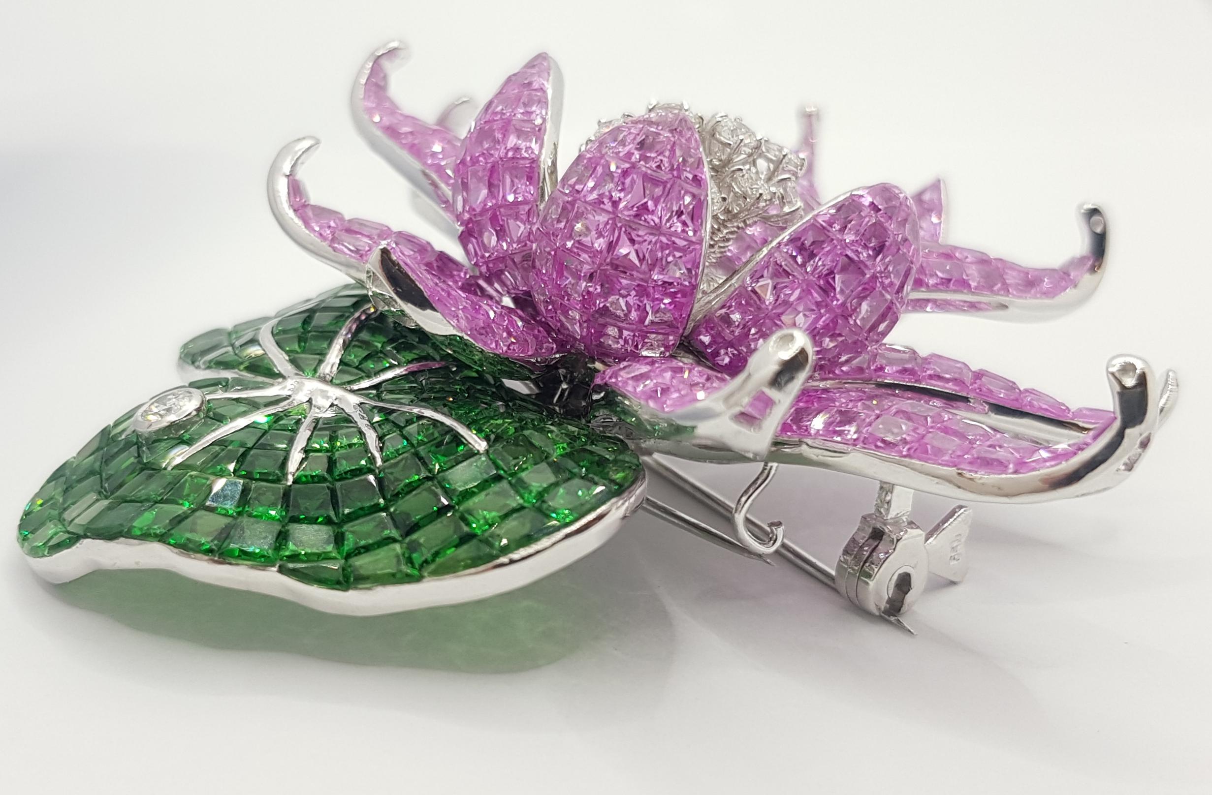 Pink Sapphire, Tsavorite with Diamond Floral Lotus Brooch 18 Karat White Gold 4