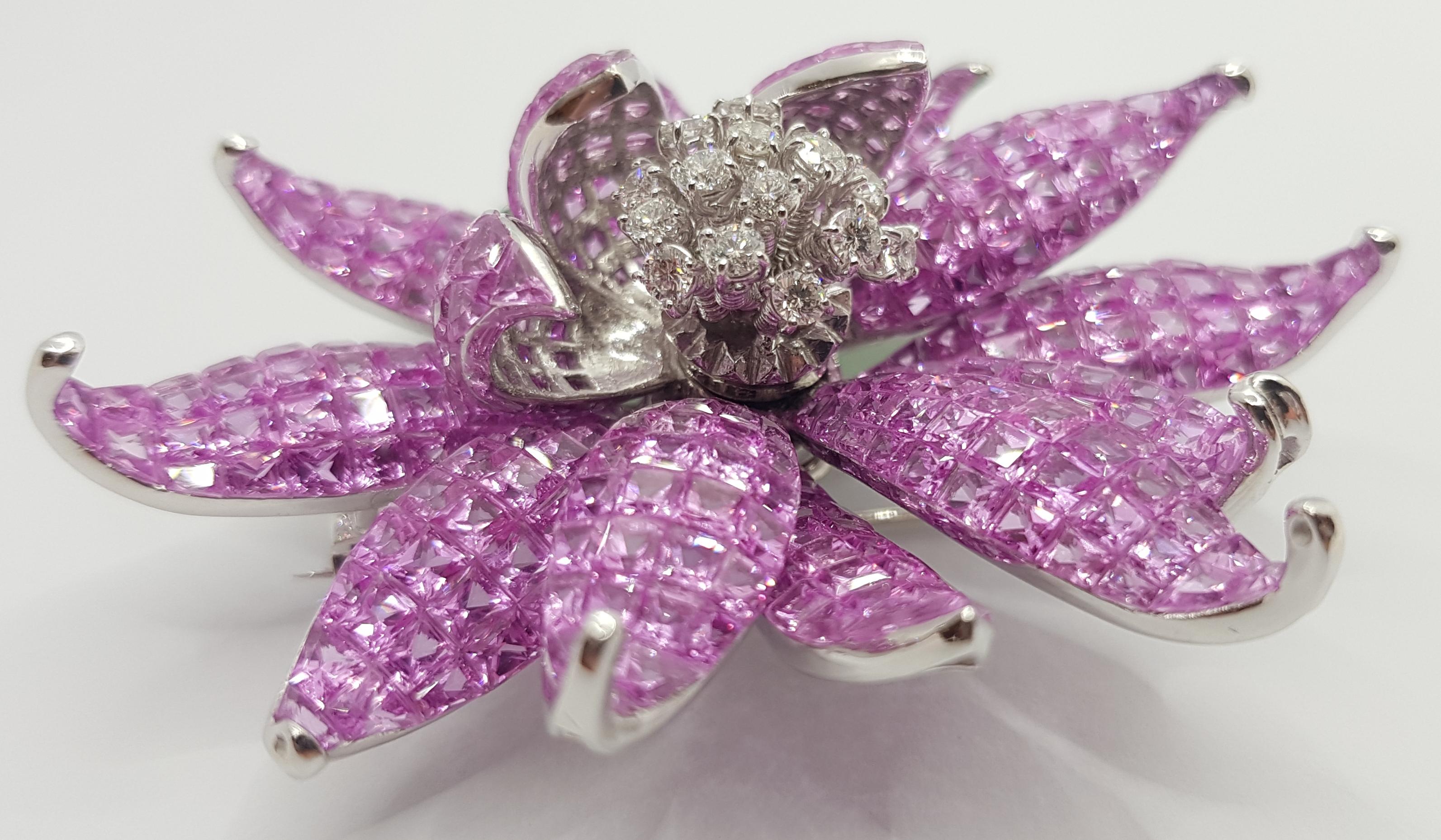 Pink Sapphire, Tsavorite with Diamond Floral Lotus Brooch 18 Karat White Gold 5