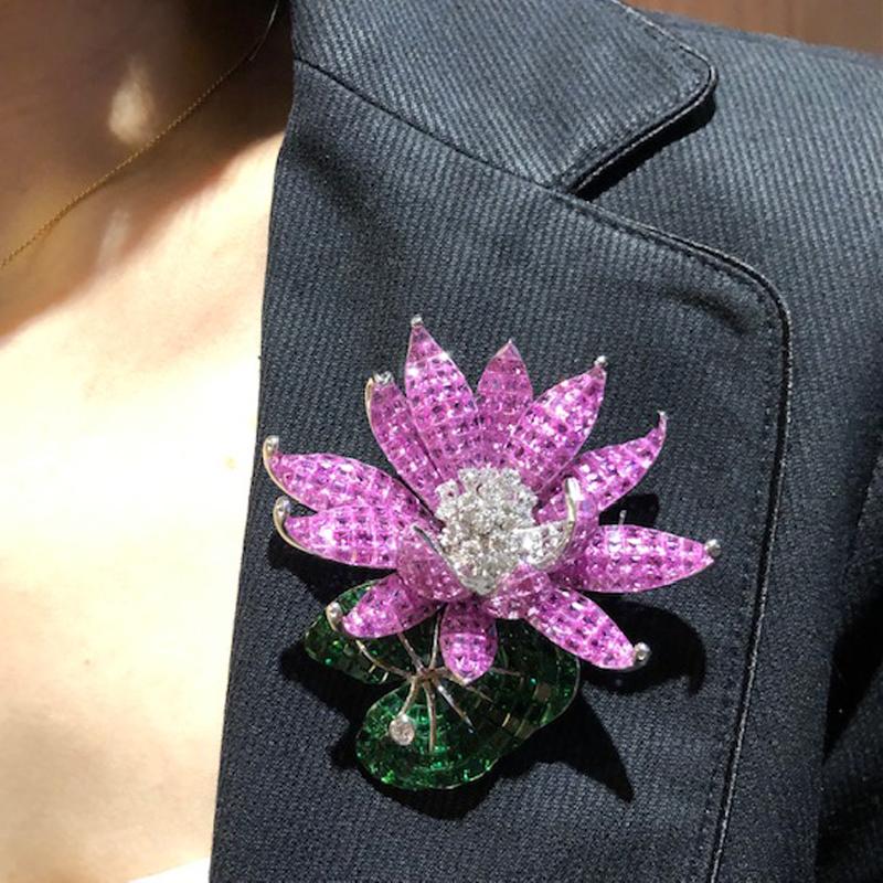 Pink Sapphire, Tsavorite with Diamond Floral Lotus Brooch 18 Karat White Gold 10