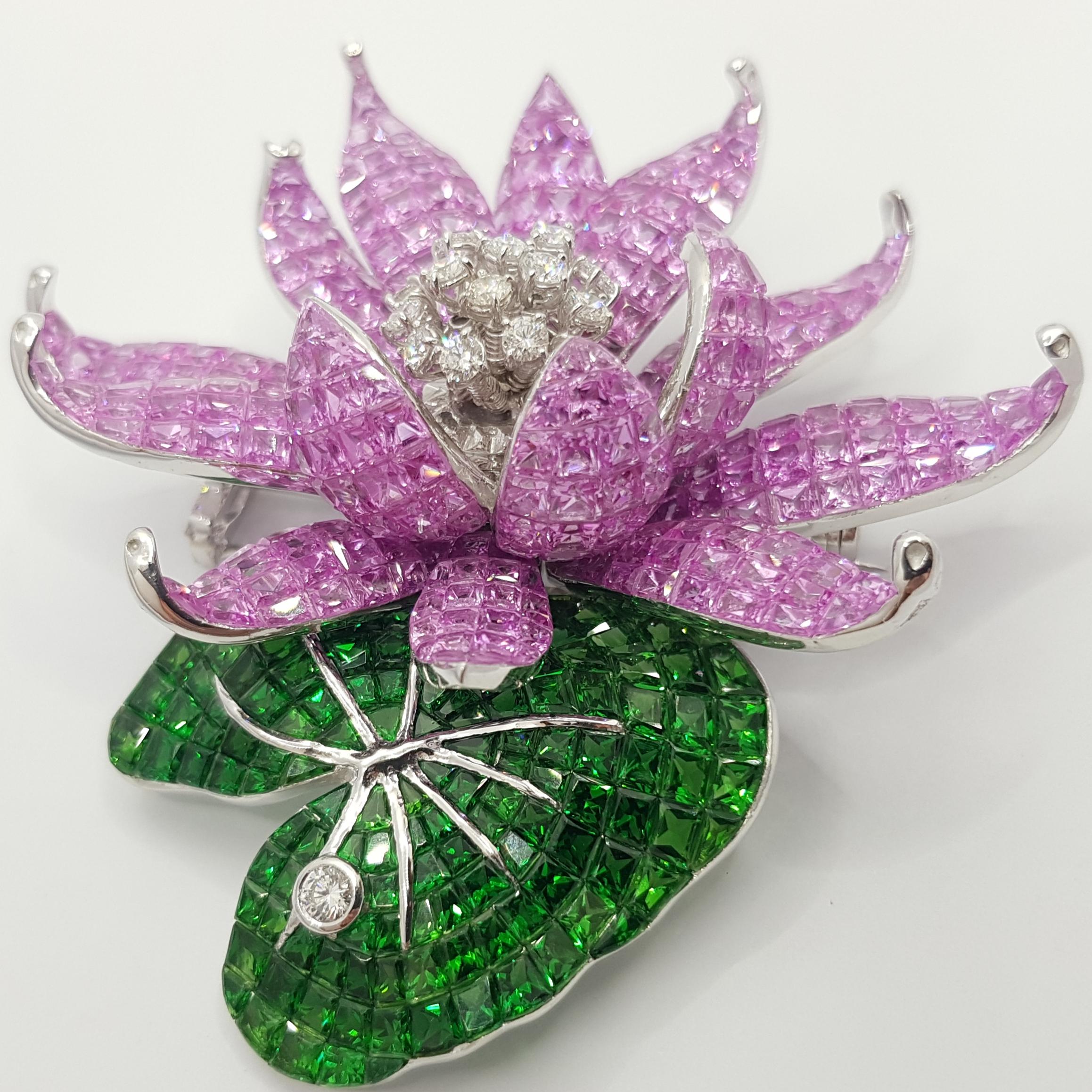 Princess Cut Pink Sapphire, Tsavorite with Diamond Floral Lotus Brooch 18 Karat White Gold