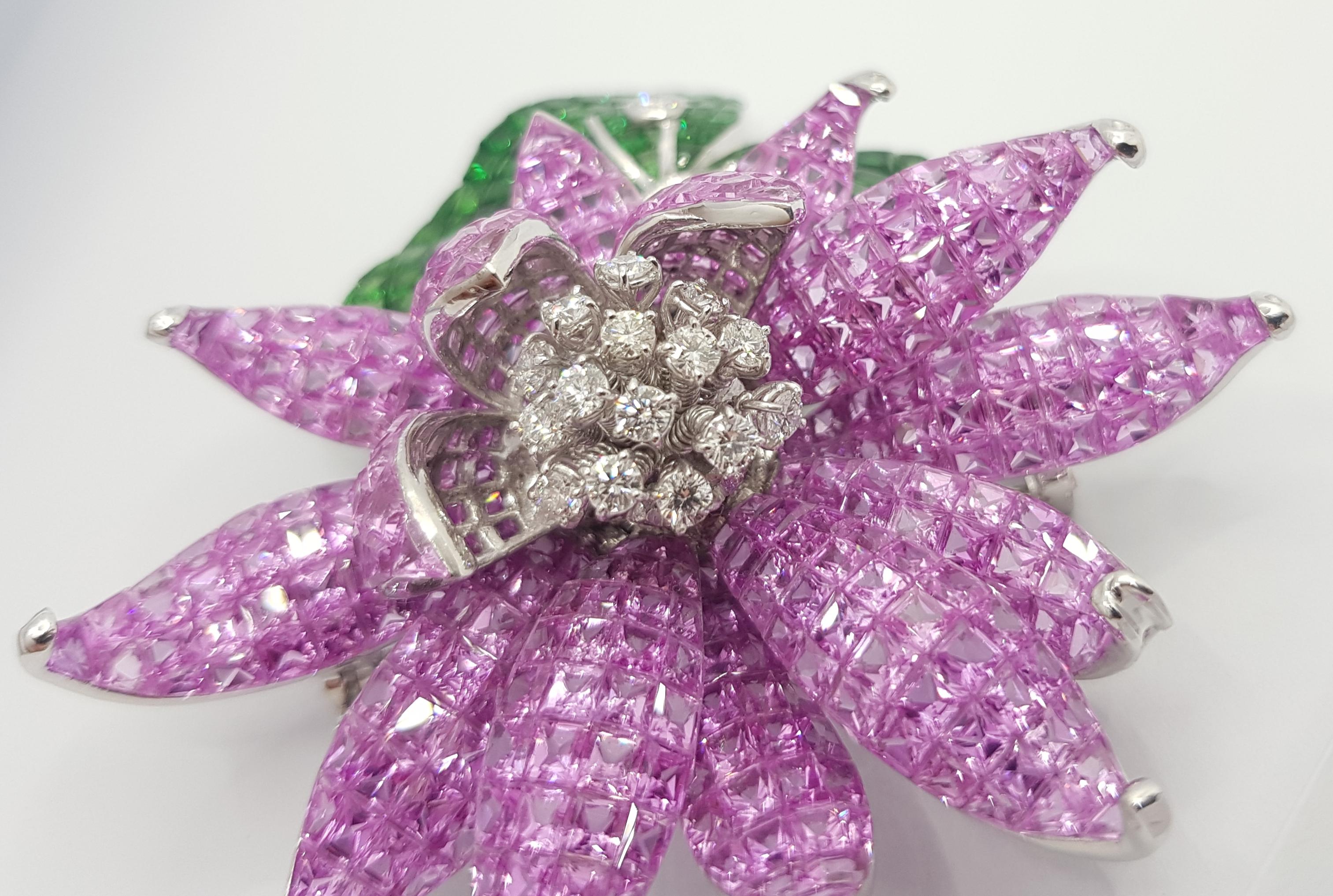 Pink Sapphire, Tsavorite with Diamond Floral Lotus Brooch 18 Karat White Gold In New Condition In Bangkok, TH