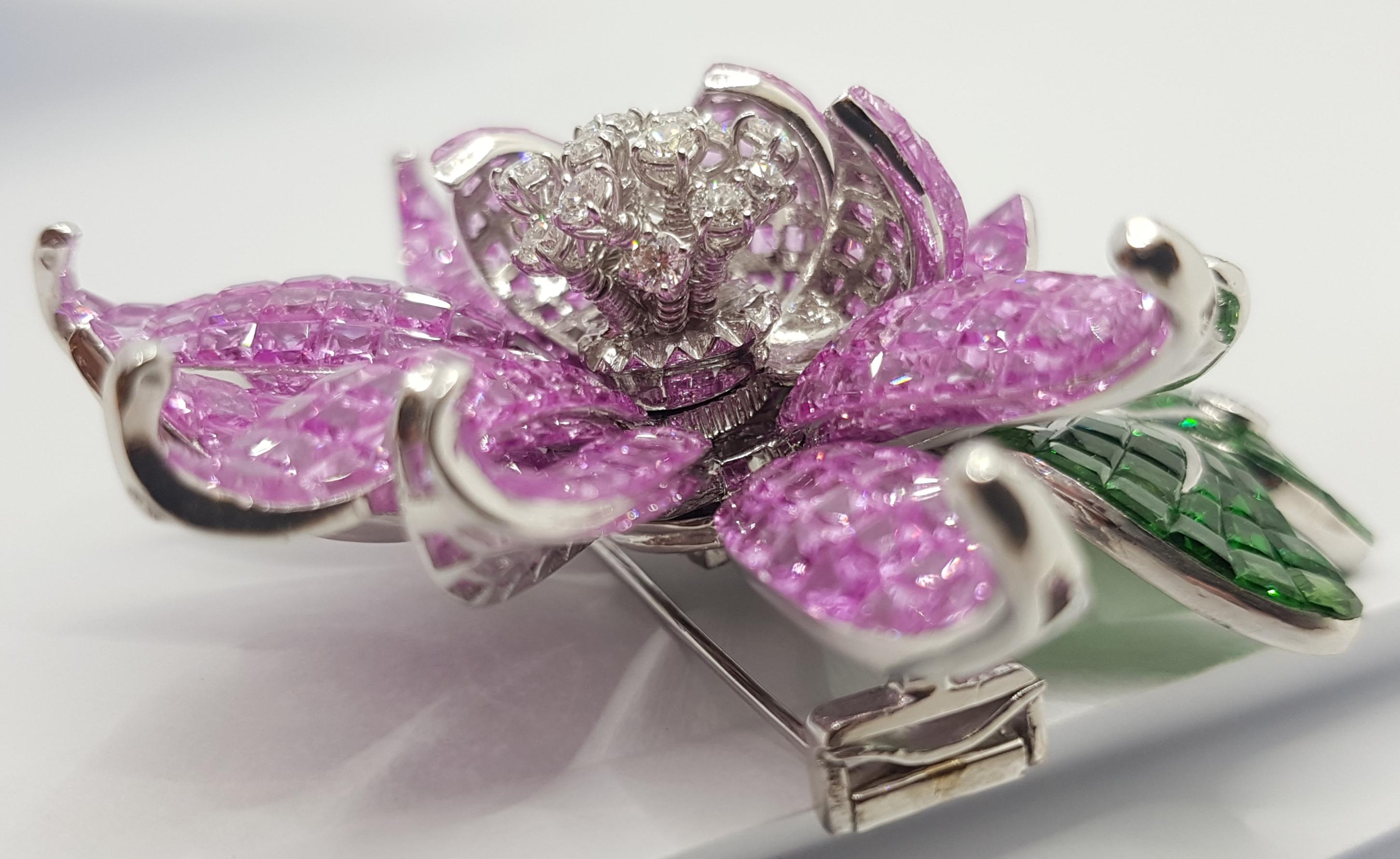Pink Sapphire, Tsavorite with Diamond Floral Lotus Brooch 18 Karat White Gold 1