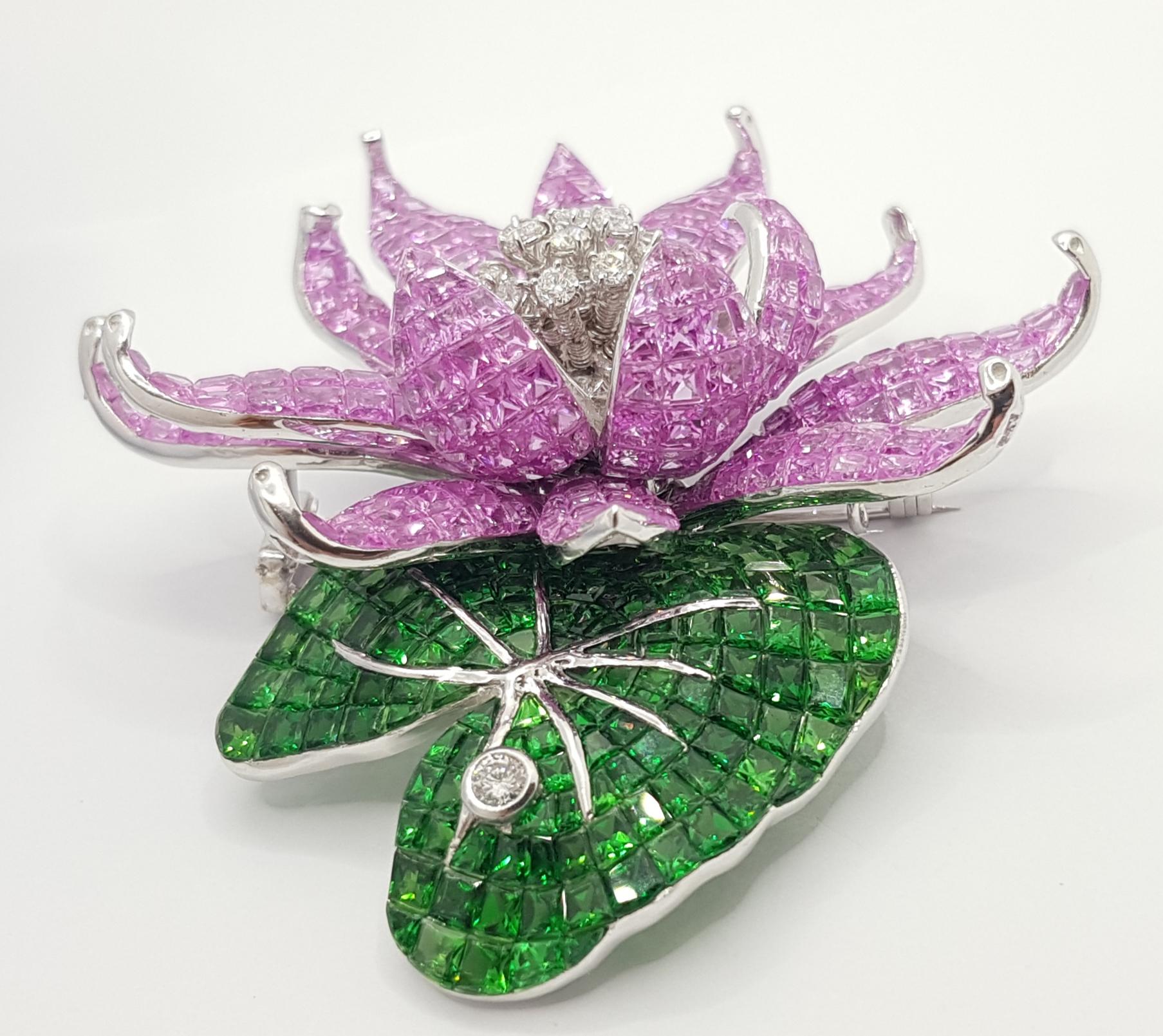 Pink Sapphire, Tsavorite with Diamond Floral Lotus Brooch 18 Karat White Gold 2