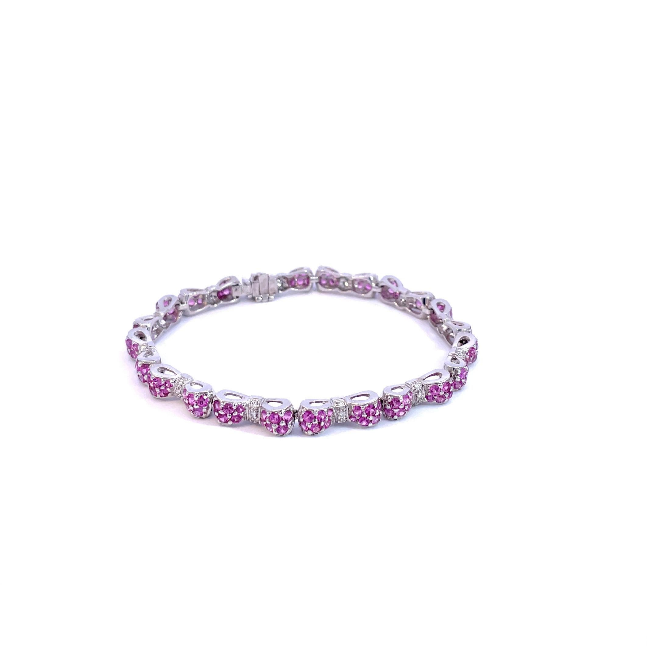 Round Cut Pink Sapphire & White Diamond Bow Tie Bracelet in 18 Karat White Gold  For Sale