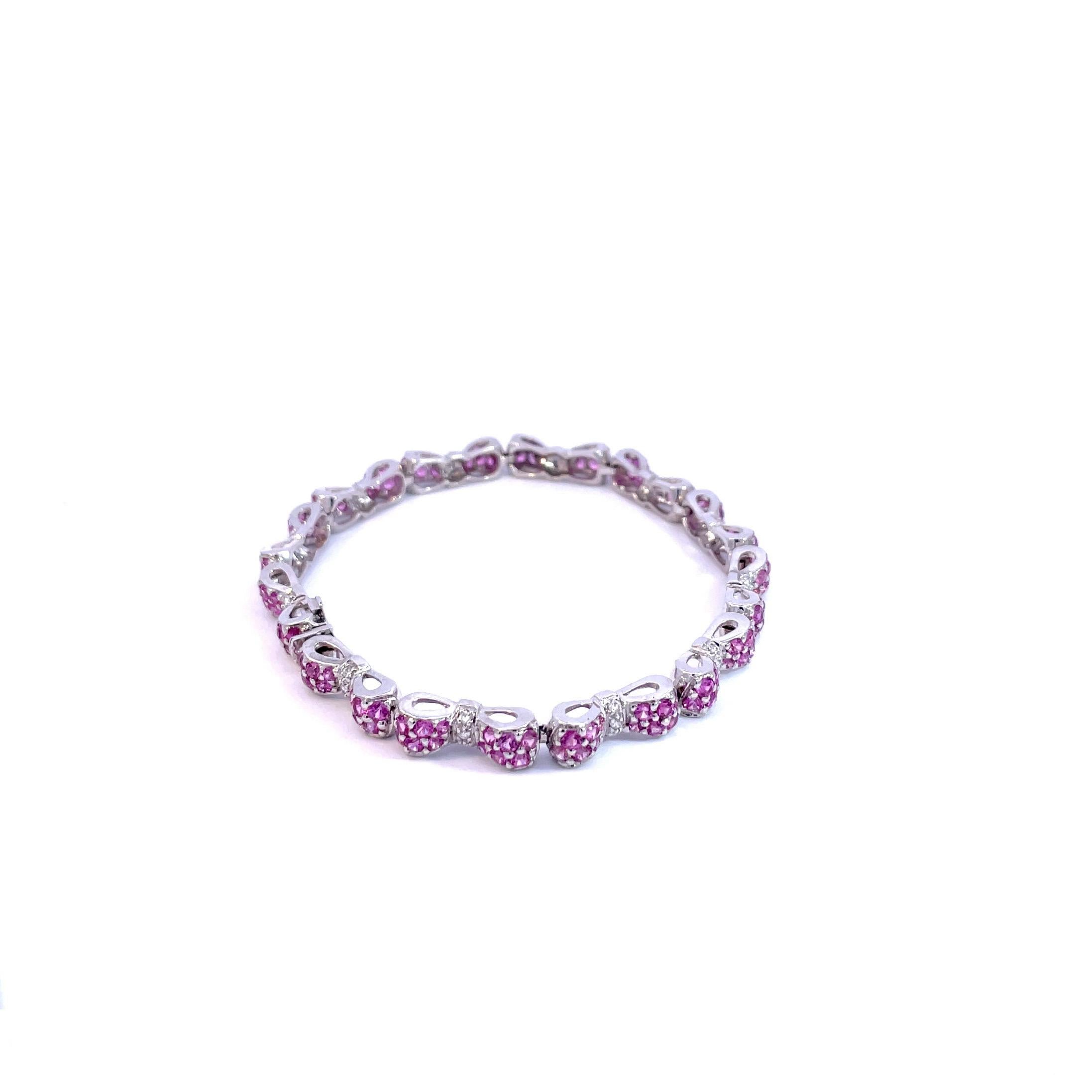 Pink Sapphire & White Diamond Bow Tie Bracelet in 18 Karat White Gold  In New Condition For Sale In Westmount, CA