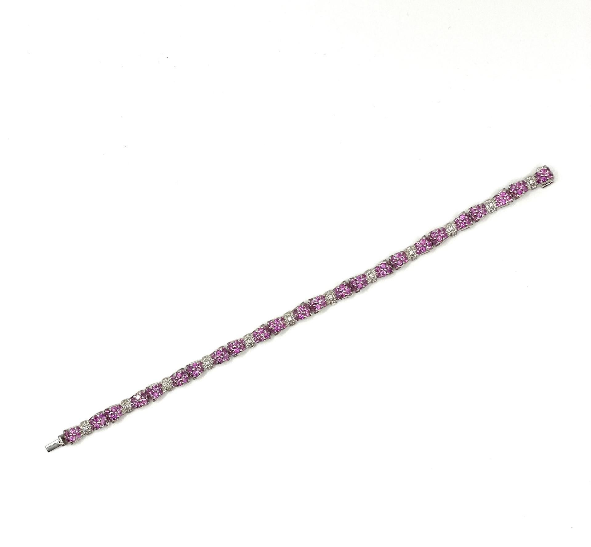 Women's Pink Sapphire & White Diamond Bow Tie Bracelet in 18 Karat White Gold  For Sale