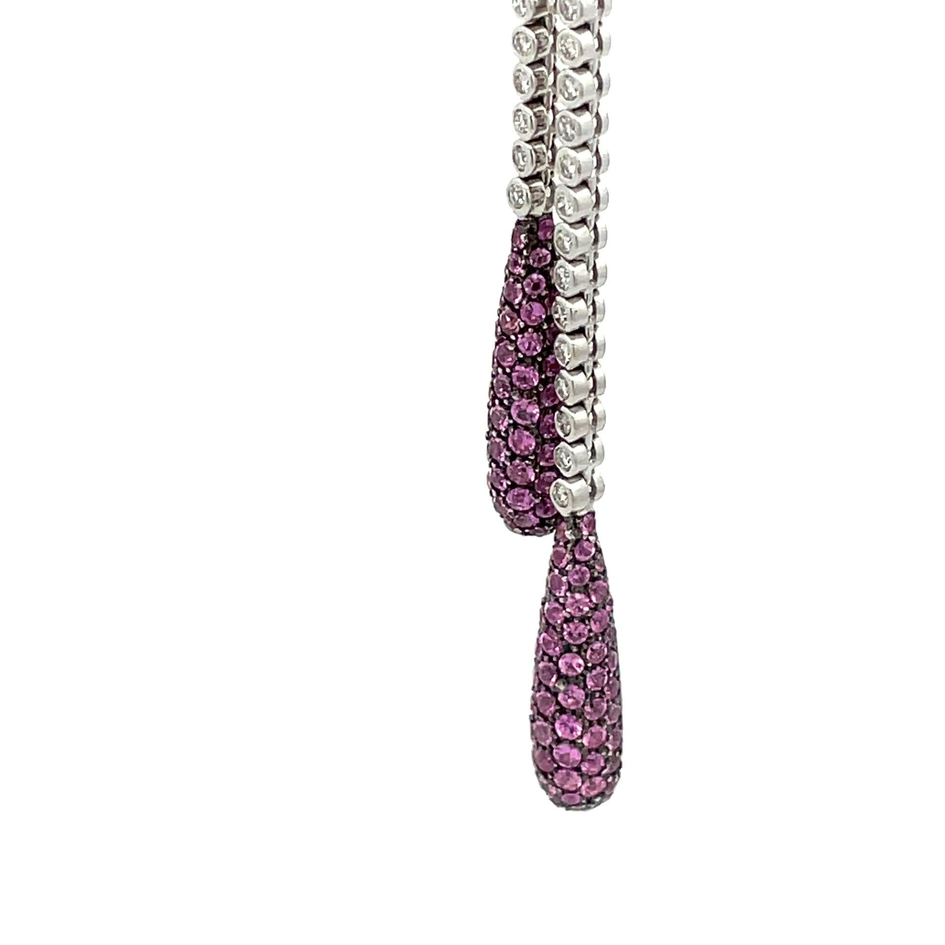 Contemporary Pink Sapphire & White Diamond Double Pave Drop Necklace in 18 Kt White Gold  For Sale
