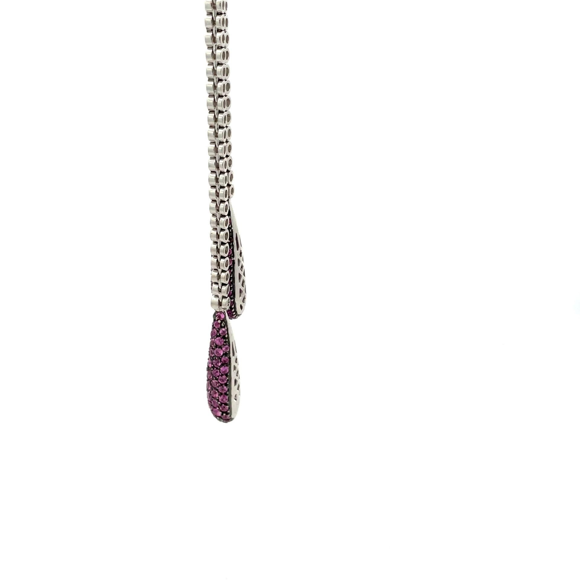 Pink Sapphire & White Diamond Double Pave Drop Necklace in 18 Kt White Gold  In New Condition For Sale In Westmount, CA