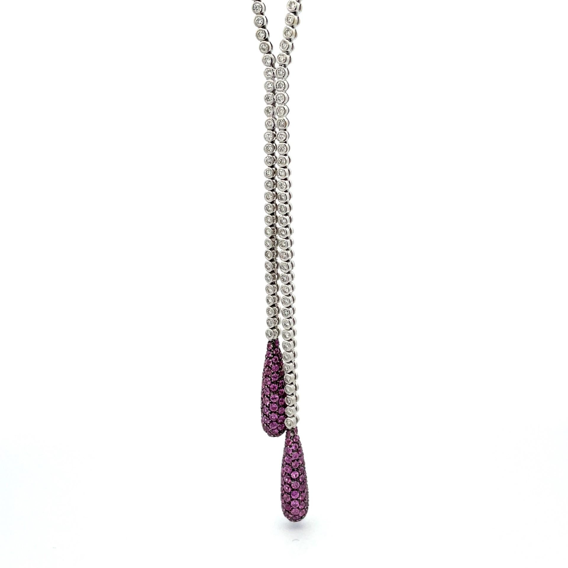 Women's Pink Sapphire & White Diamond Double Pave Drop Necklace in 18 Kt White Gold  For Sale