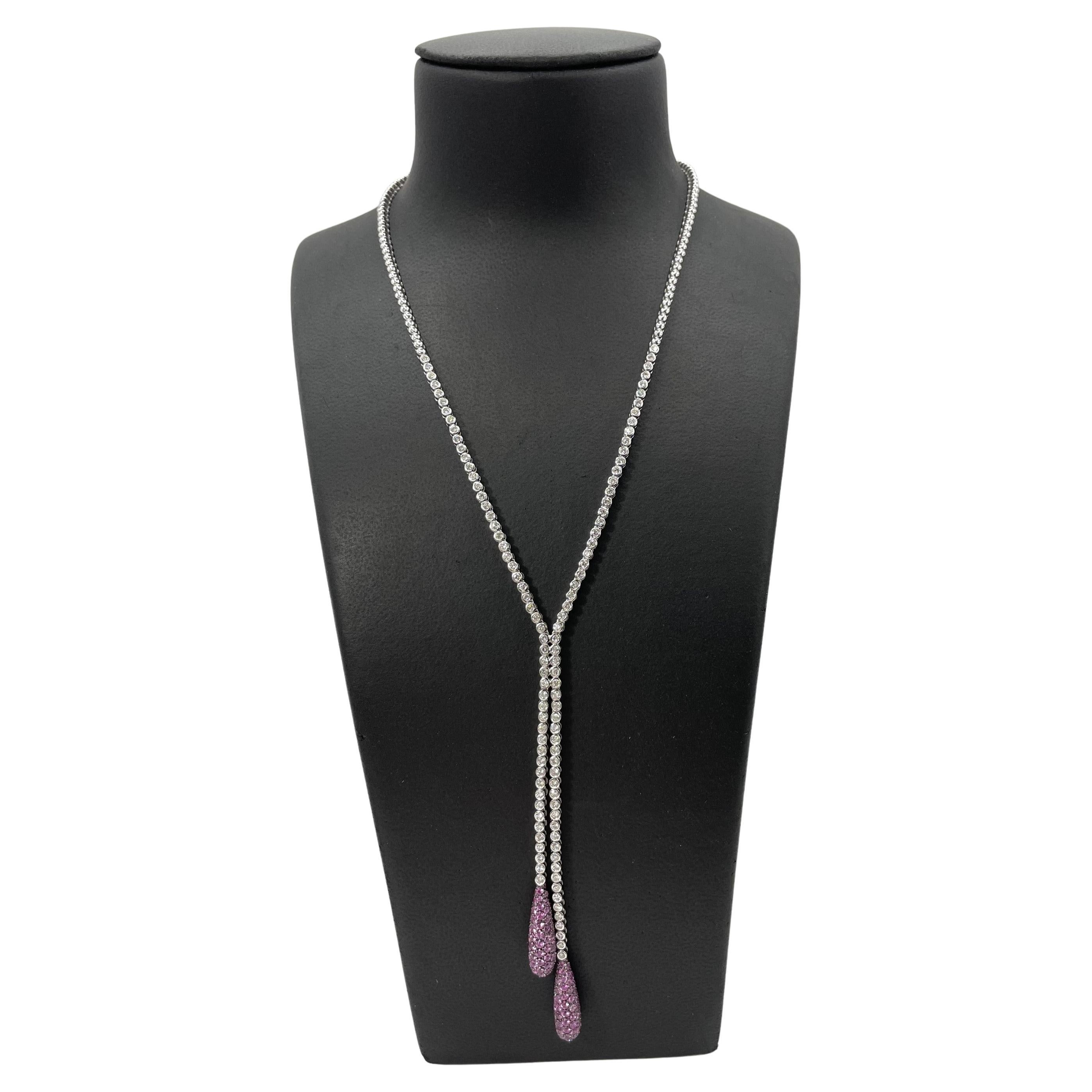 Pink Sapphire & White Diamond Double Pave Drop Necklace in 18 Kt White Gold  For Sale