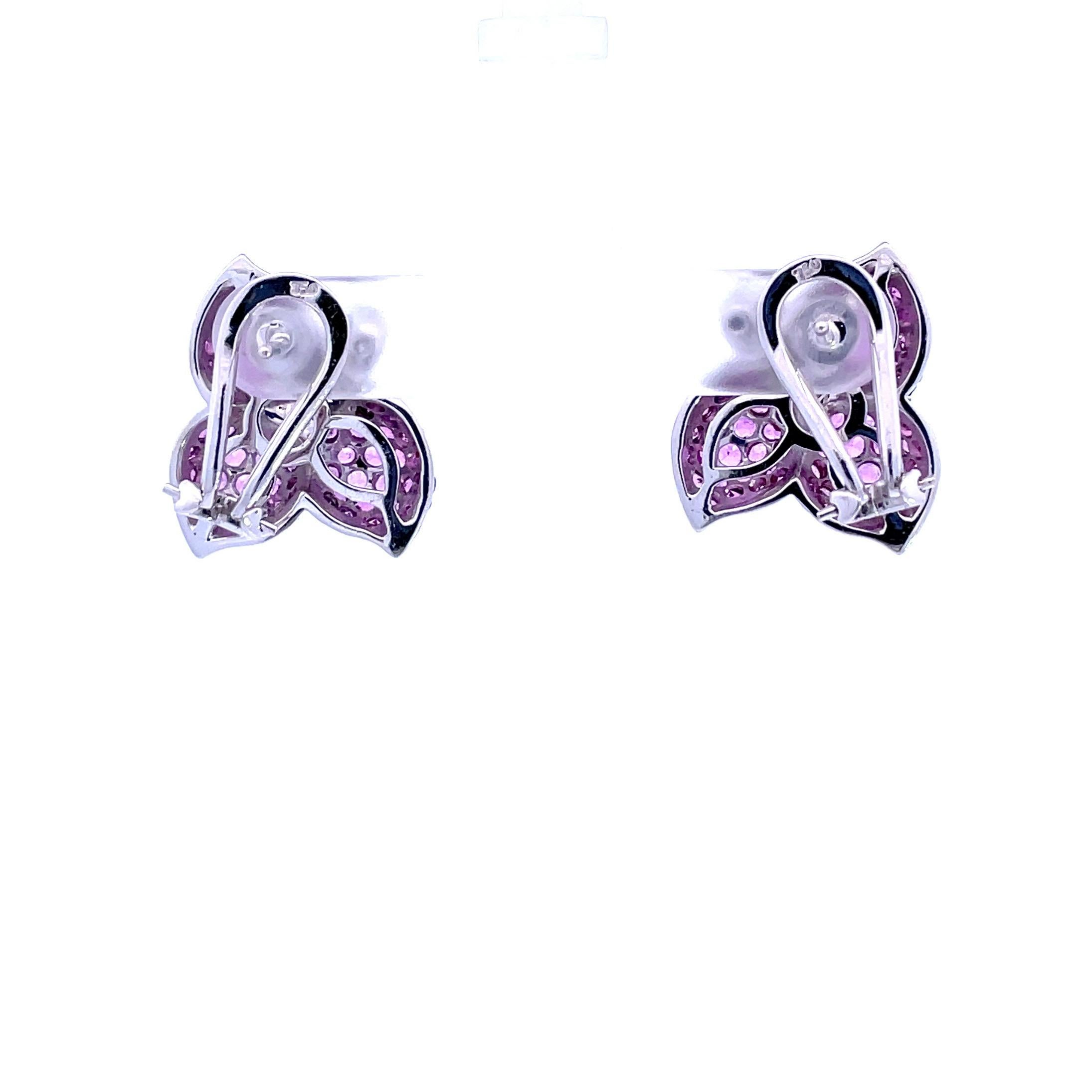 Contemporary Pink Sapphire & White Diamond Leaf Earrings in 18 Karat White Gold For Sale