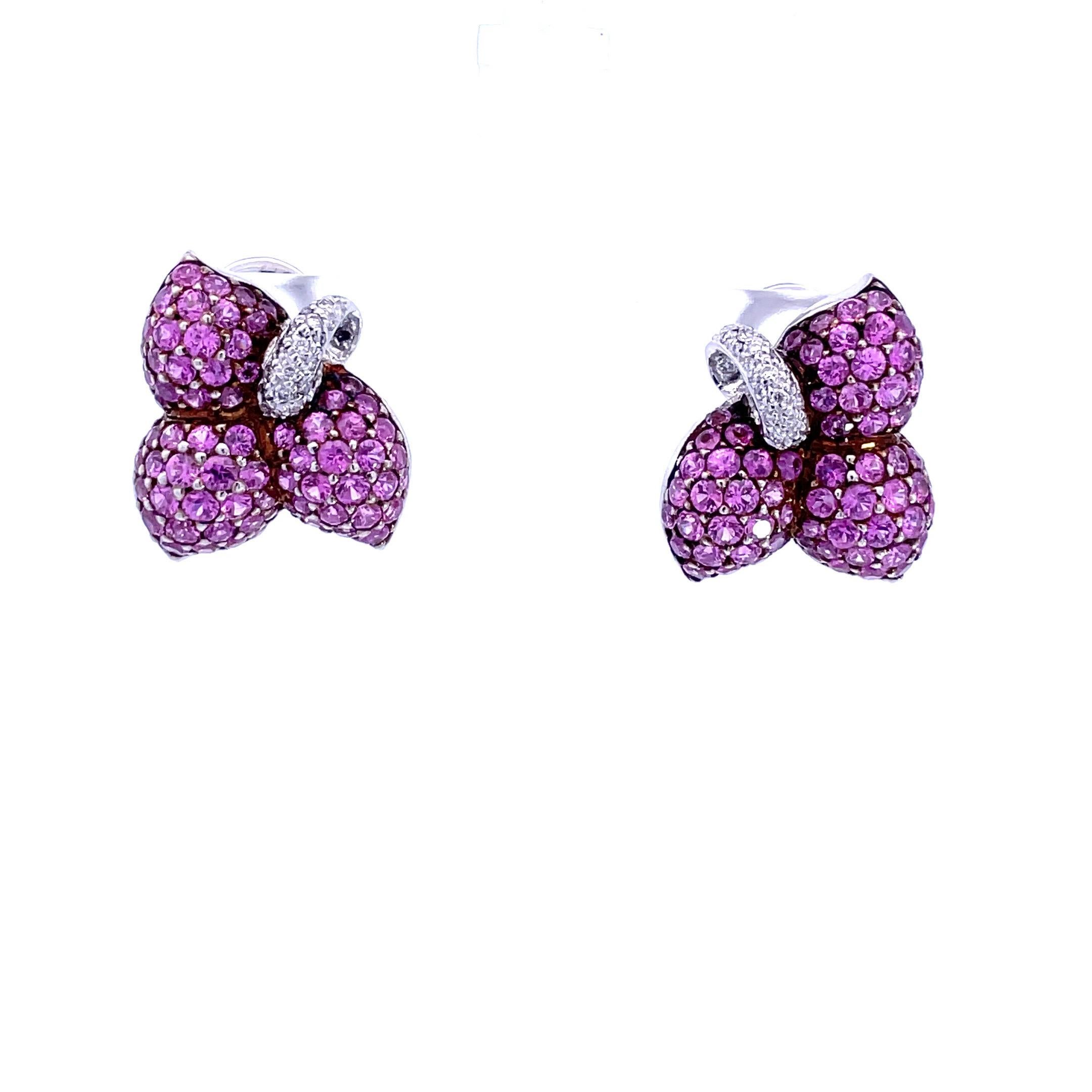 Pink Sapphire & White Diamond Leaf Earrings in 18 Karat White Gold In New Condition For Sale In Westmount, CA