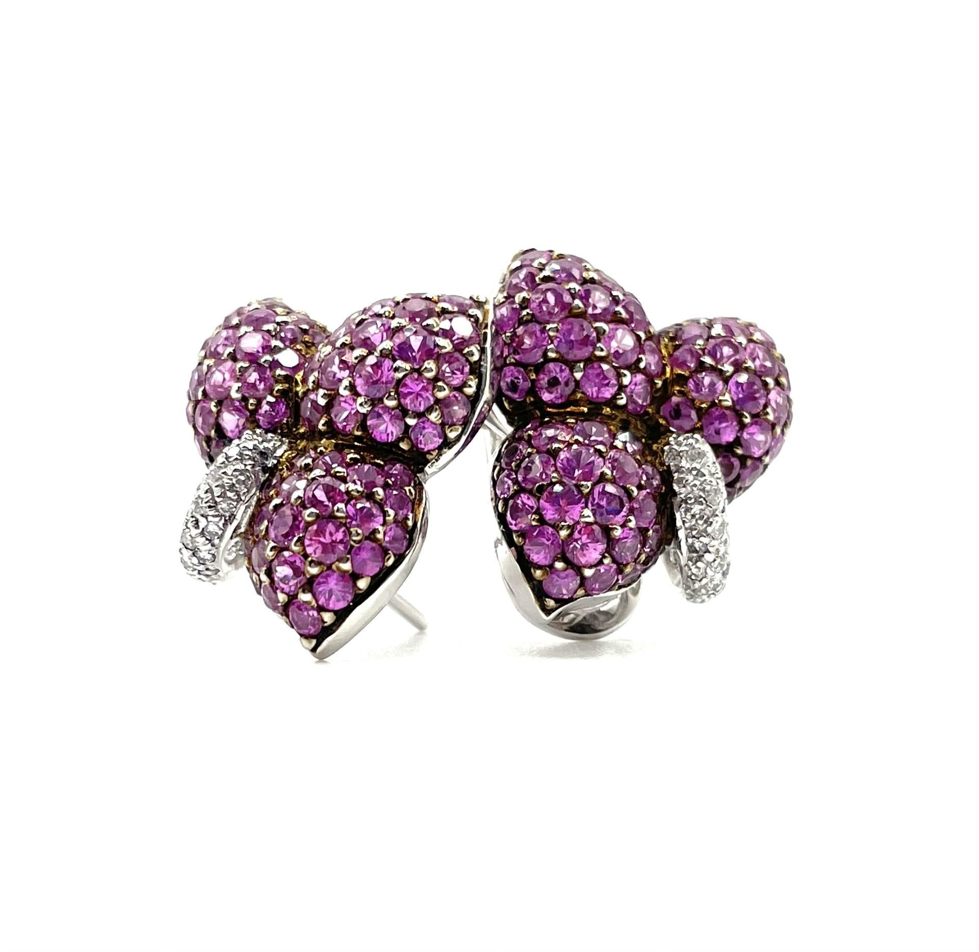 Pink Sapphire & White Diamond Leaf Earrings in 18 Karat White Gold For Sale 1