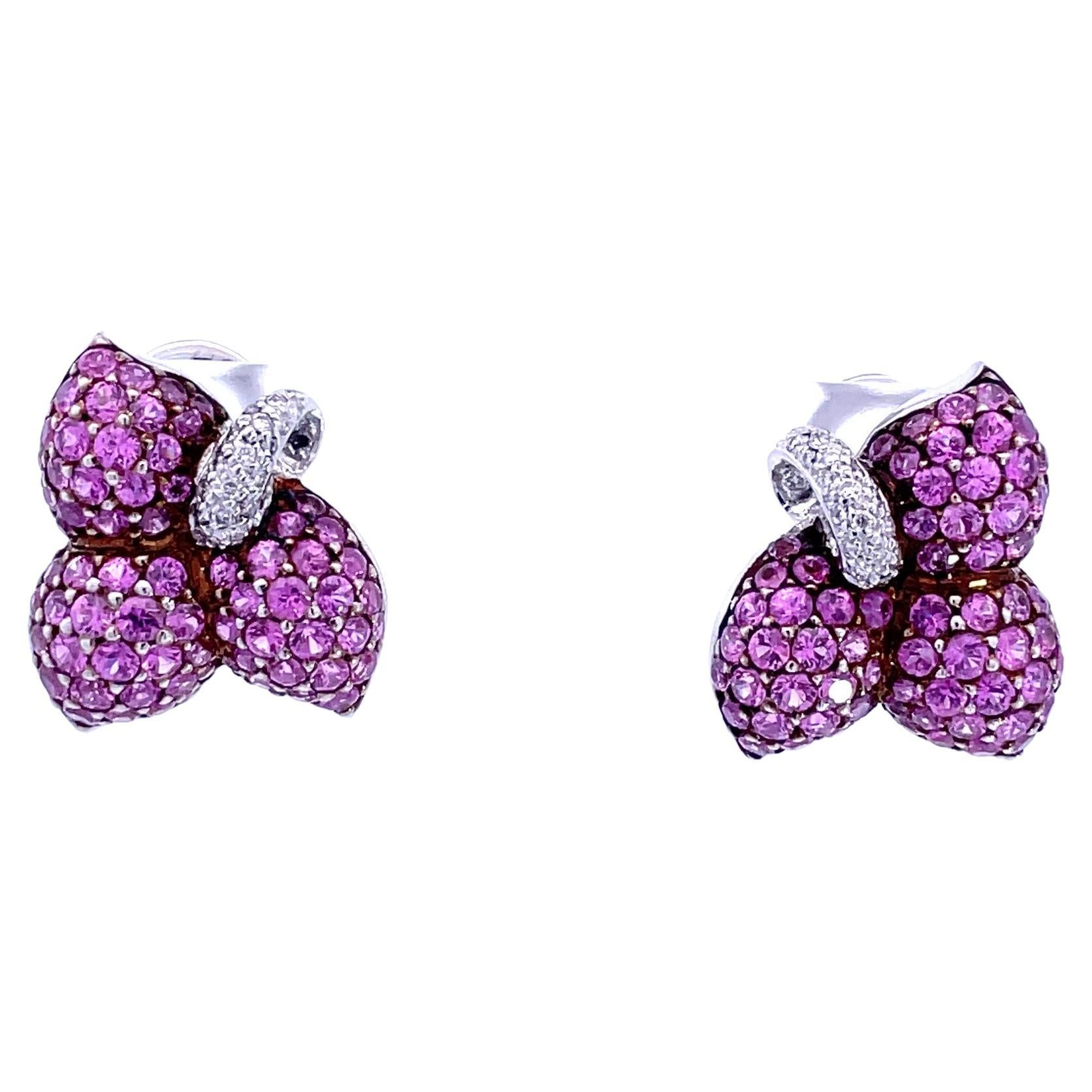 Pink Sapphire & White Diamond Leaf Earrings in 18 Karat White Gold For Sale