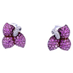 Boucles d'oreilles feuille en or blanc 18 carats, saphir rose et diamant blanc