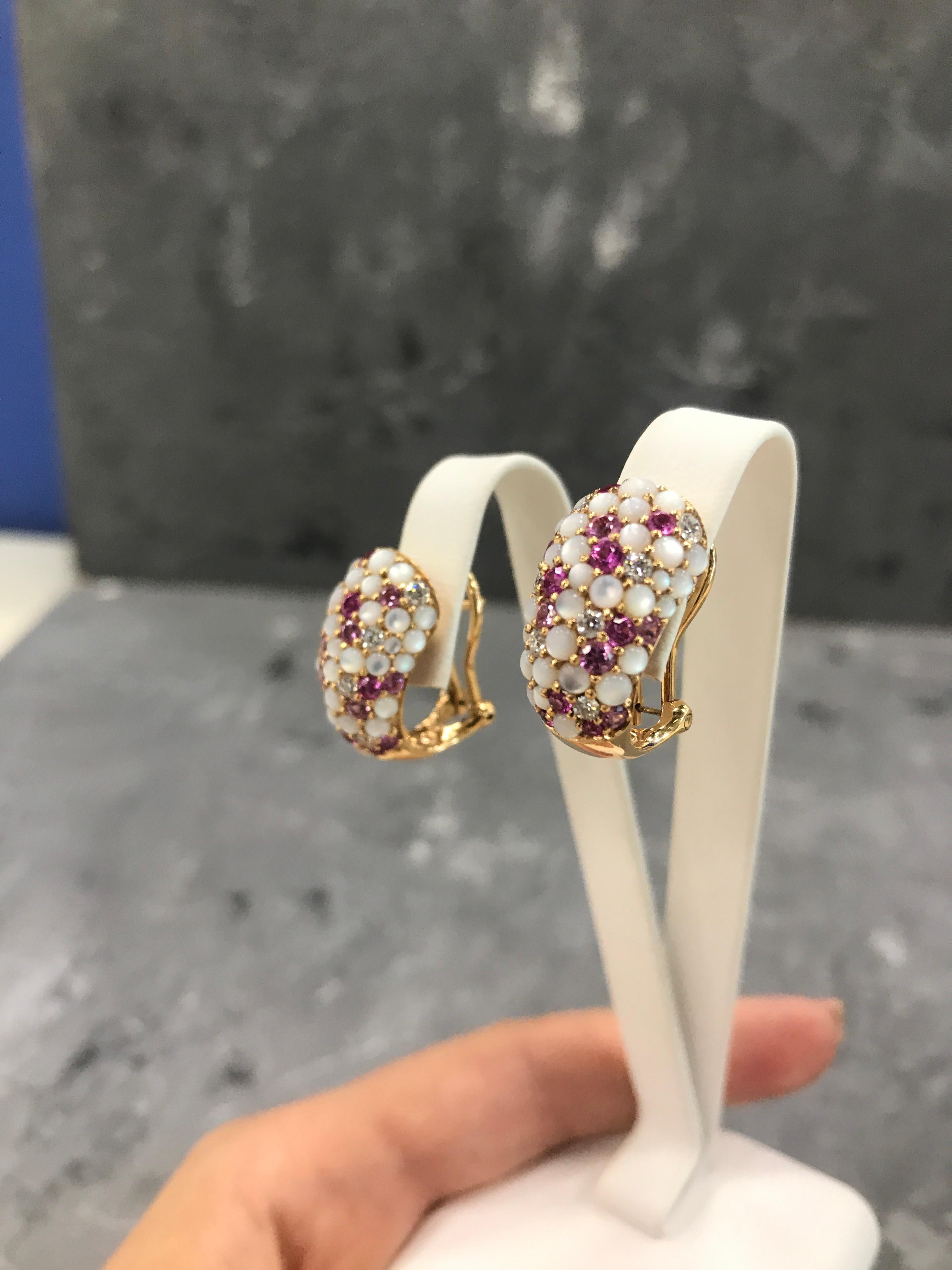 Modern Pink Sapphire White Diamond Mother of Pearl 18 Karat Yellow Gold Earrings For Sale
