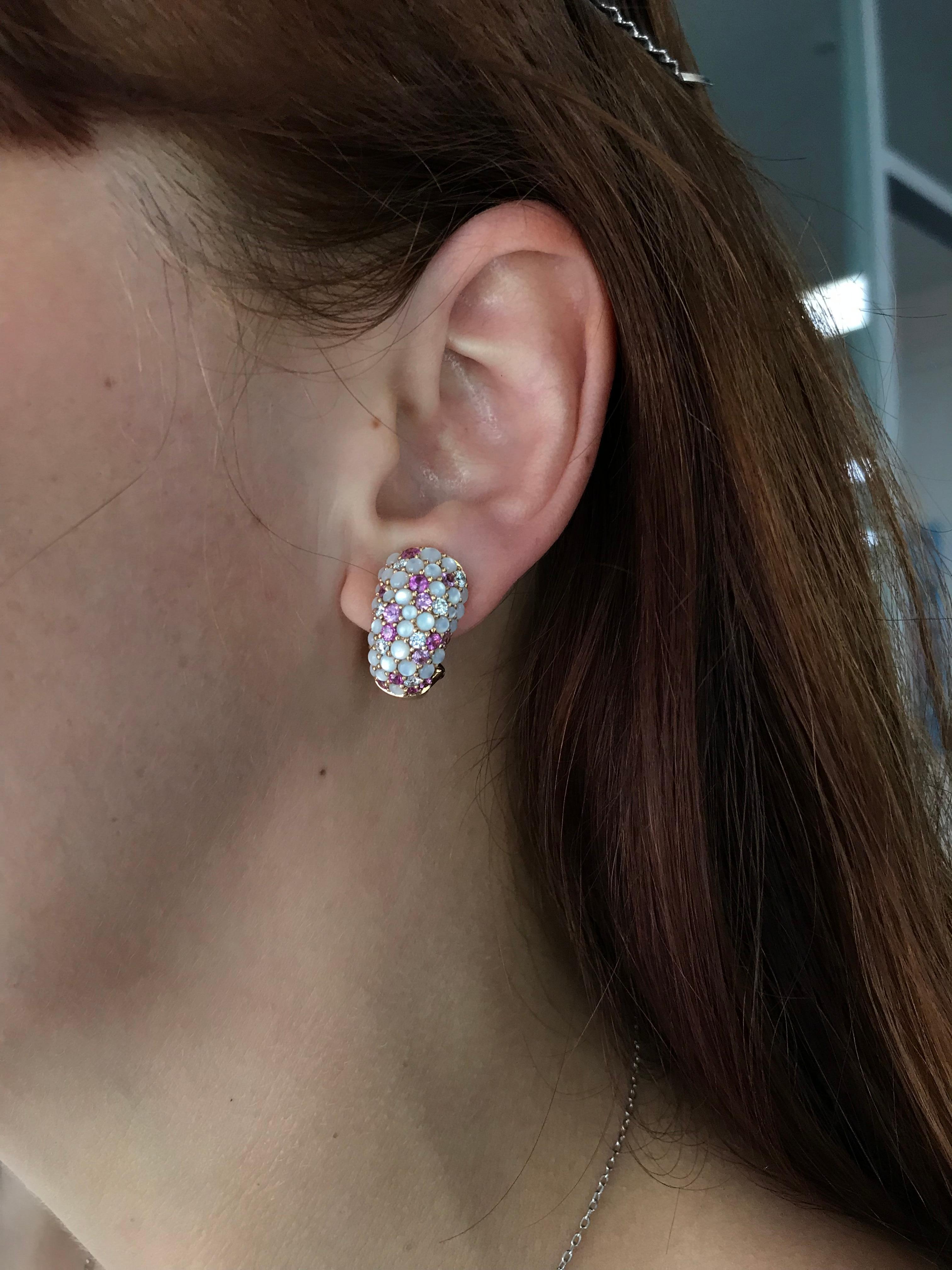 Pink Sapphire White Diamond Mother of Pearl 18 Karat Yellow Gold Earrings In New Condition For Sale In Montreux, CH