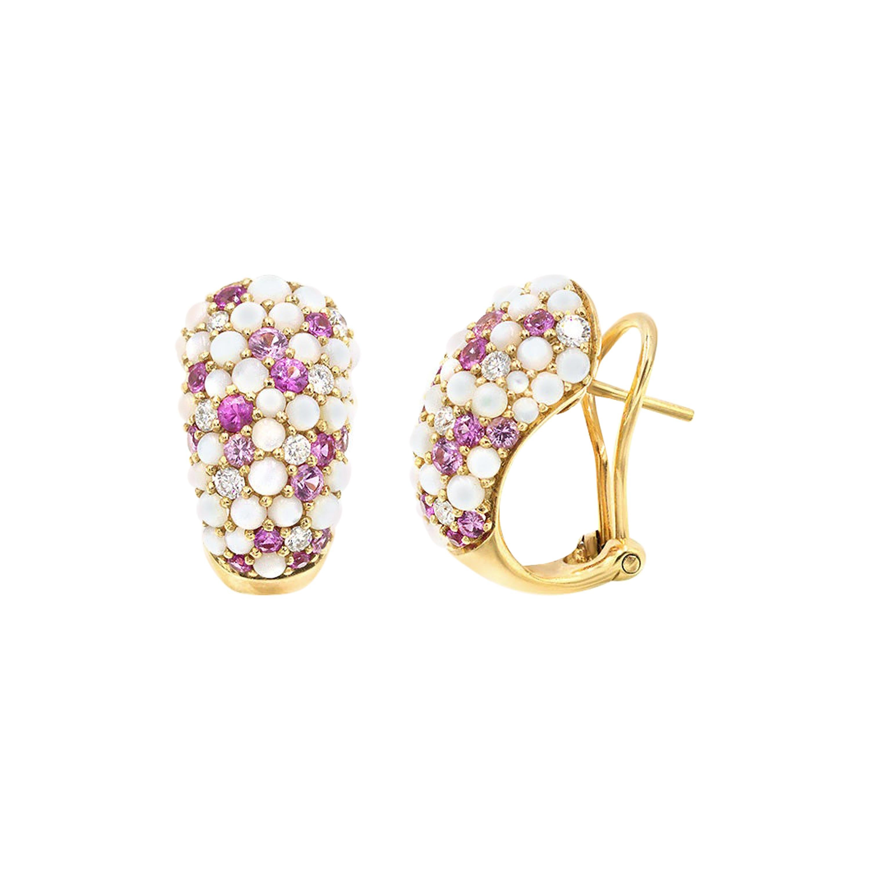 Pink Sapphire White Diamond Mother of Pearl 18 Karat Yellow Gold Earrings For Sale