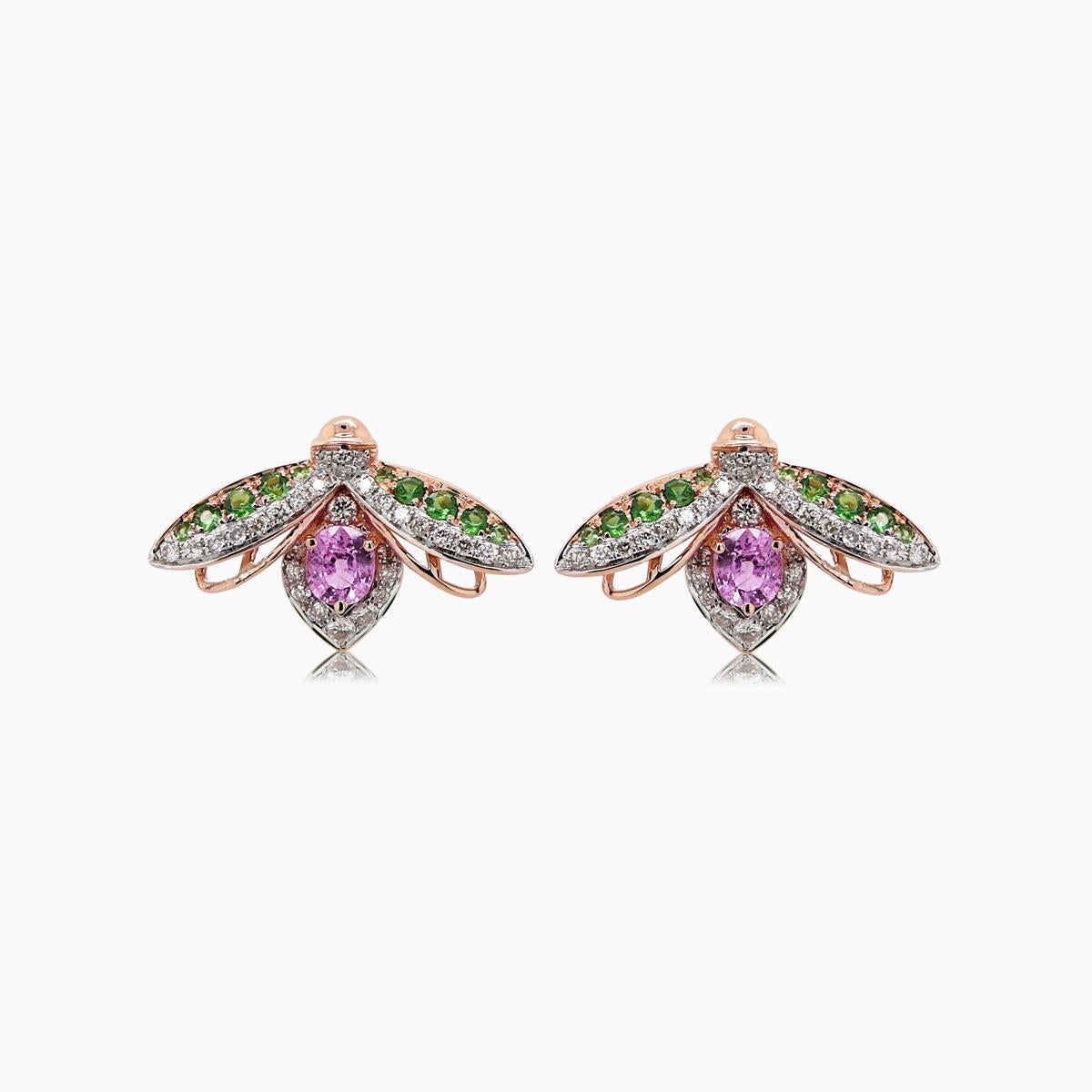 Dimensions: 2.00x1.30x0.50cm
Color: 18K Rose Gold
60 White Diamonds 0.36 CT
20 Green Garnet 0.33 CT
2 Pink Sapphire 0.68 CT
18KR 4.28 GM

18K Gold & Precious Diamond & Gemstone Animal & Fantasy Jewelry
 Our Animal and Fantasy Jewelry Collections