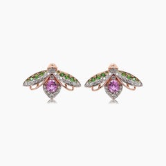 Pink Sapphire & White Diamond Pave Bee 18K Rose Gold Animal Stud Earrings