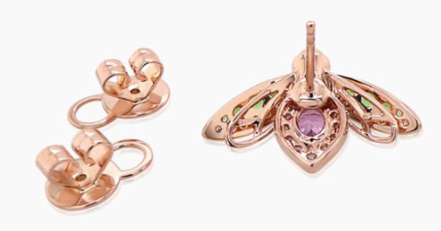 Mixed Cut Pink Sapphire & White Diamond Pave Bee 18K Rose Gold Animal Stud Earrings For Sale