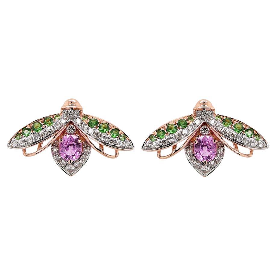 Pink Sapphire & White Diamond Pave Bee 18K Rose Gold Animal Stud Earrings For Sale