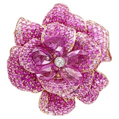 Pink Sapphire & White Diamond Pave Lilly Flower Floral 18K Rose Gold Ring