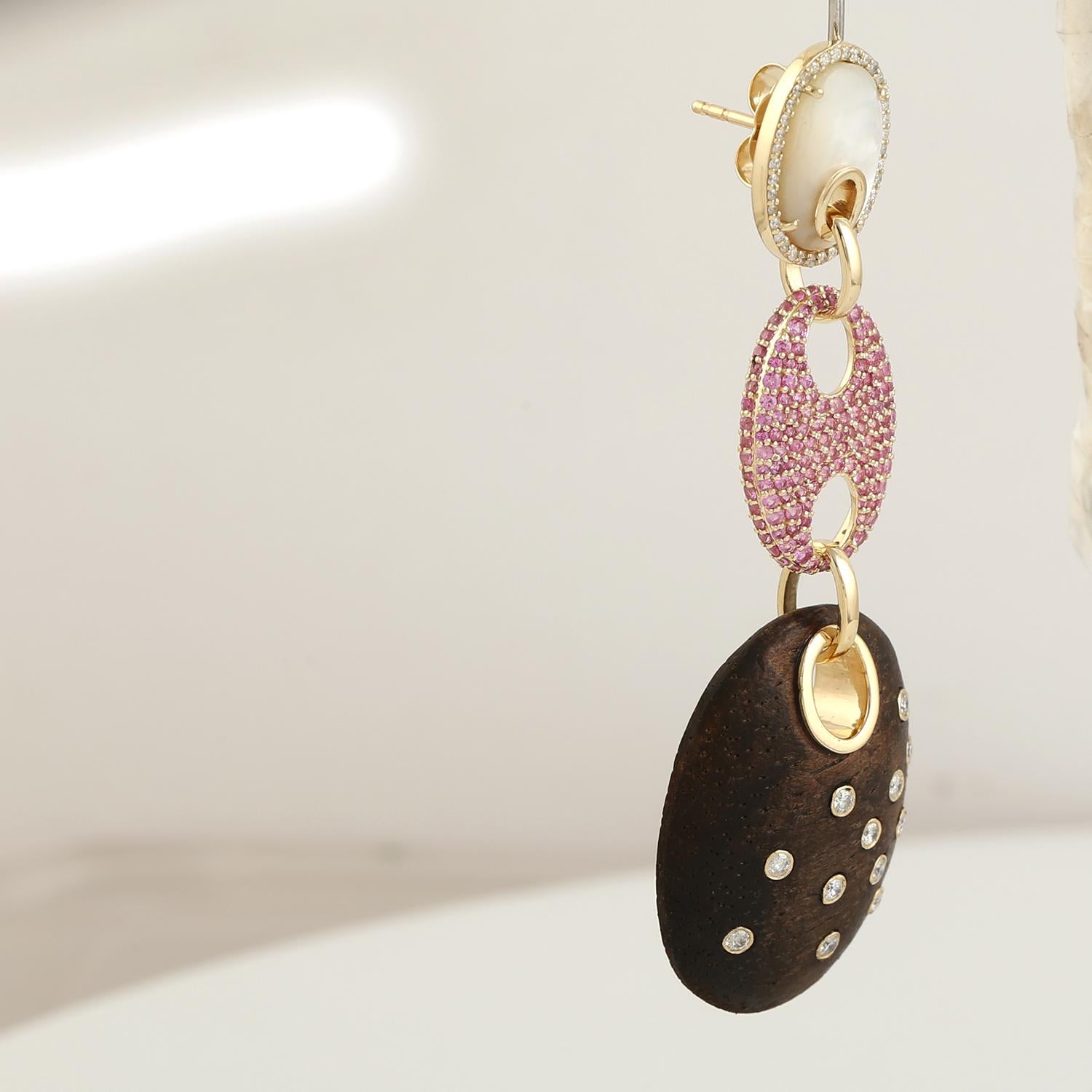 Contemporary Pink Sapphire & White Diamond Pave Mop & Wood Earrings Made In 14K Gold For Sale