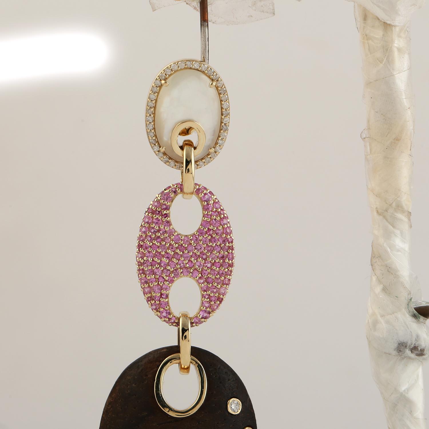 Mixed Cut Pink Sapphire & White Diamond Pave Mop & Wood Earrings Made In 14K Gold For Sale