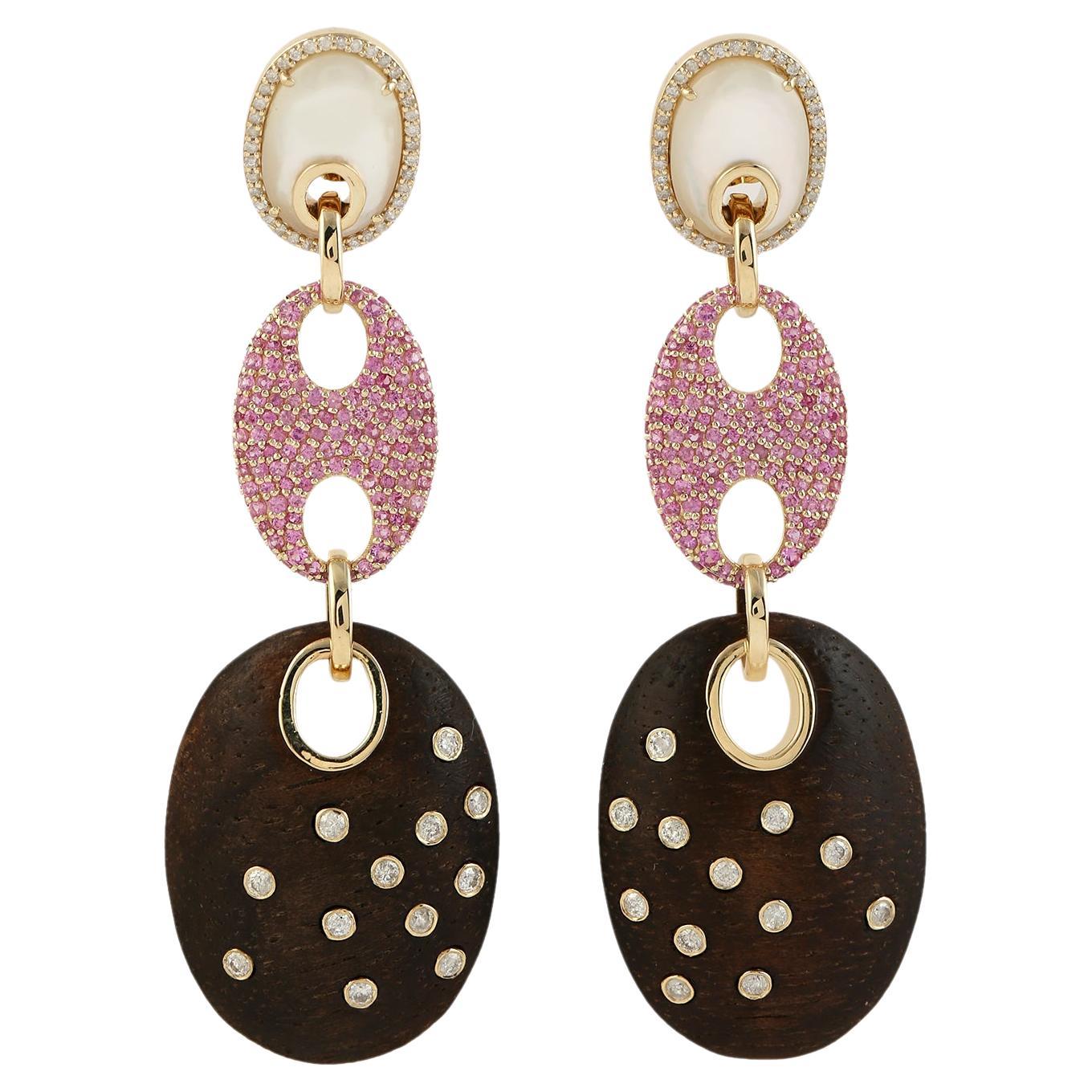 Pink Sapphire & White Diamond Pave Mop & Wood Earrings Made In 14K Gold For Sale