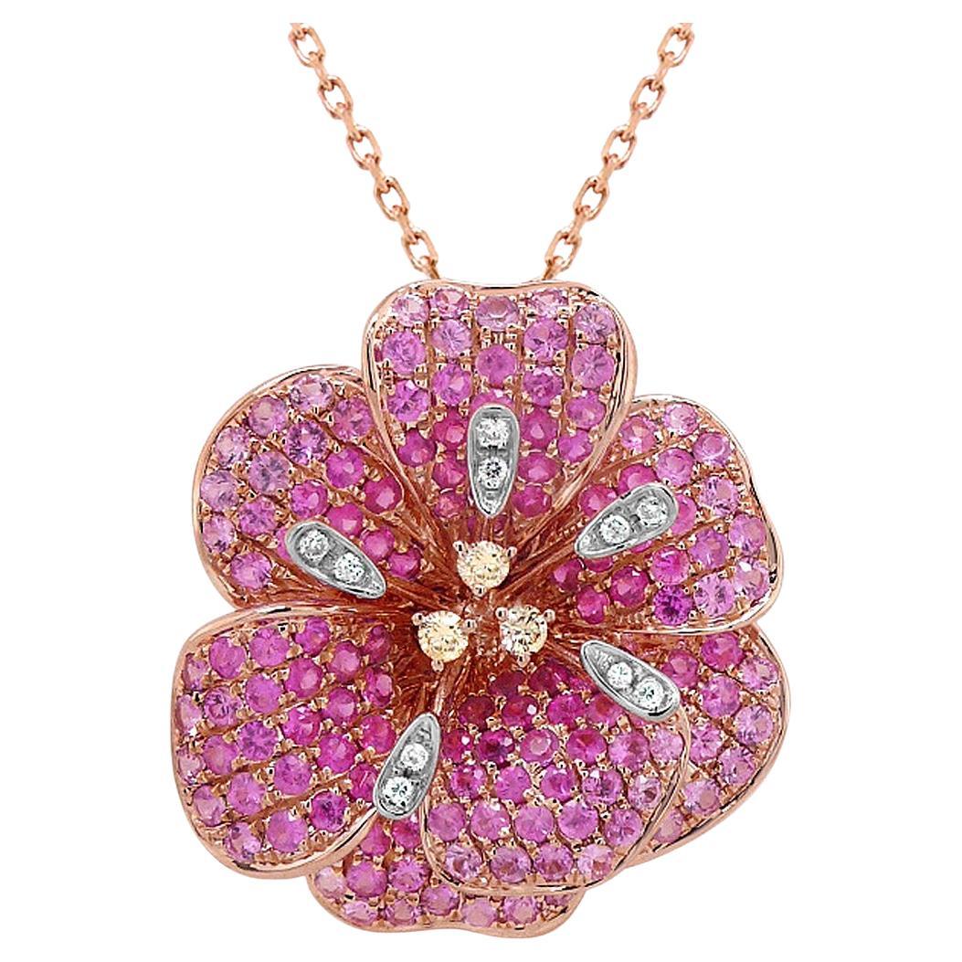 Pink Sapphire White & Fancy Diamond 18K Rose Gold Floral Design Pendant Necklace