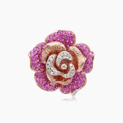 Pink Sapphire White & Fancy Diamond Lilly Floral 18K Rose Flower Gold Ring