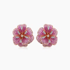 Pink Sapphire White & Fancy Diamond Lilly Flower 18K Rose Gold Flower Earrings