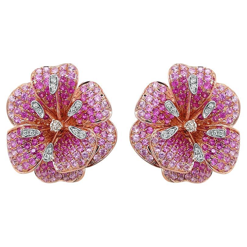 Orecchini a fiore The Lilly in oro rosa 18 carati con zaffiro rosa e diamanti fantasia