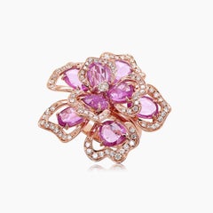 Pink Sapphire White & Fancy Diamond Lilly Flower Floral 18K Rose Gold Ring