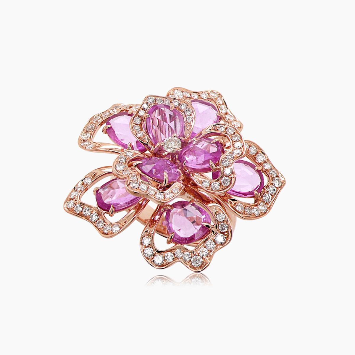Bague en or rose 18 carats saphir rose, diamant blanc et fantaisie The Lilly Flower Floral Neuf - En vente à Oakton, VA